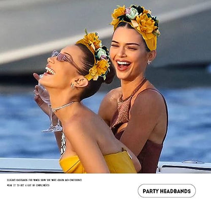 Flower Headbands for Women Boho Yellow Floral Headband Wide Autumn Wedding Hairband statement Hair Accessories(Yellow) - color: Yellow