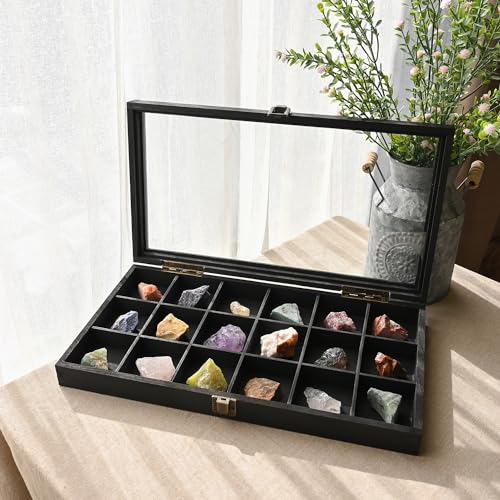 MOOCA Wooden Jewelry Display Case with Tempered Glass Lid & 18 Compartments Tray, Rock Collection Box, Crystal Display Case, Black Color - color: Black