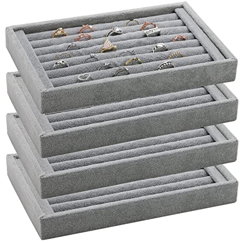 Foraineam 4 Pack Velvet 7 Slots Ring Earrings Trays Showcase Display Holder Drawer Insert Jewelry Storage Organizer