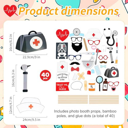 40 Pcs Professional Medical Photo Booth Props Kit for Adult Events, Dental Office Celebrations, Doctor & Nurse Graduation, Hospital-Themed Photoshoot Accessories with Wooden Sticks
