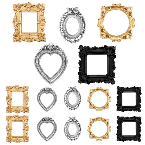 Vicenpal 15 Pcs Vintage Mini Picture Frames Baroque Antique Small Resin Jewelry Display Table Frame for Christmas DIY Photo Holiday Party Decoration (Black,Gold,Silver) - color: Black, Gold, Silver