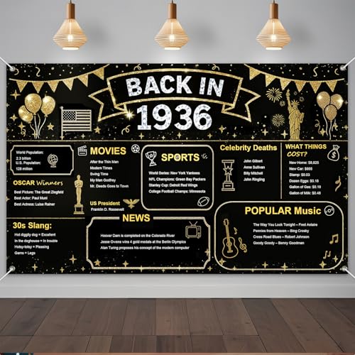 IVN Back in 1936 Backdrop Banner 71x43 Inch Black and Gold Birthday Party Decorations Photography Background Photo Booth Props for Men Women - color: Back in 1936