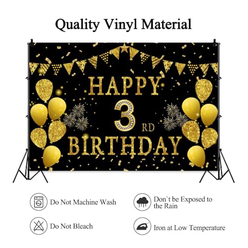 5x3ft Happy 3rd Birthday Party Photography Backdrop, Glitter Black and Gold Balloons Background for Girl Boy Third Bday Shining Diamond Three Years Old Birthday Party Supplies - color: 3rd, size: 5x3ft