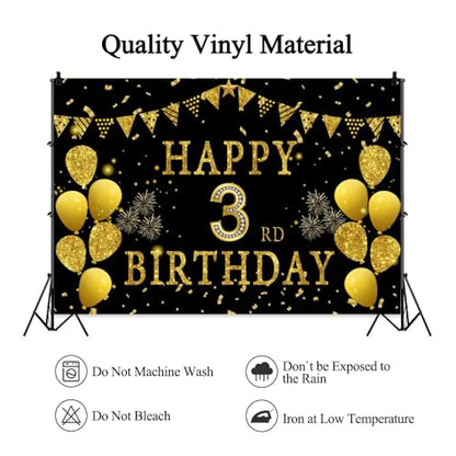 5x3ft Happy 3rd Birthday Party Photography Backdrop, Glitter Black and Gold Balloons Background for Girl Boy Third Bday Shining Diamond Three Years Old Birthday Party Supplies - color: 3rd, size: 5x3ft