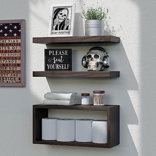 RICHER HOUSE Floating Shelves Set of 3, Modern Bathroom Shelves Wall Mounted Shelves with Invisible Brackets Over Toilet, Rustic Wall Shelves for Bathroom Bedroom, Living Room, Kitchen - Walnut - color: Walnut, size: 2+1