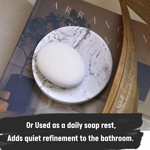 Natural Round Marble Dish Tray— Luxurious Grey Marble, Hand-Honed Matte, Resin-Free Multi-use for Home Decor, Jewelry, Trinket Tray, Soap Dish, Dispenser Base, Key Holder (4.7'', Grey)