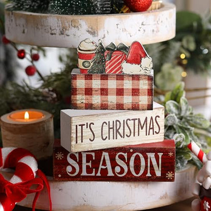 Lineshading 4 Pcs Christmas Table Decoration Wooden Hot Cocoa Santa Hat Decorations Christmas Tiered Tray Decor Winter Centerpiece Decorative Santa Hat Hot Cocoa Gift Box Tree Block Signs for Home - style: Christmas