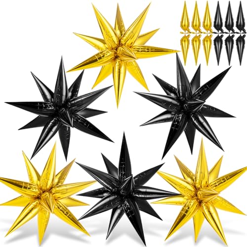 Gold Black Star Balloons, 72 Pcs 26 Inch Explosion Foil Cone Balloons, 12 Point Large Spike Balloon for New Year, Birthday, Graduation, Wedding, Backdrop, Party Decoration - color: Black, Gold, 26 Inch