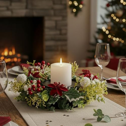 MOYEE Candle Holder Centerpieces for Tables,Candle Ring,Wreaths, Black Metal Candle Stick Paired Artificial Flowers 14 in Versatile Dining Table Centrepiece - color: White Ball Wreath
