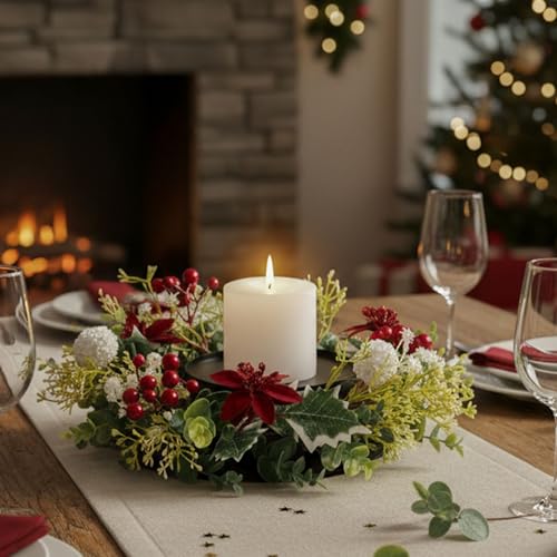 MOYEE Candle Holder Centerpieces for Tables,Candle Ring,Wreaths, Black Metal Candle Stick Paired Artificial Flowers 14 in Versatile Dining Table Centrepiece - color: White Ball Wreath