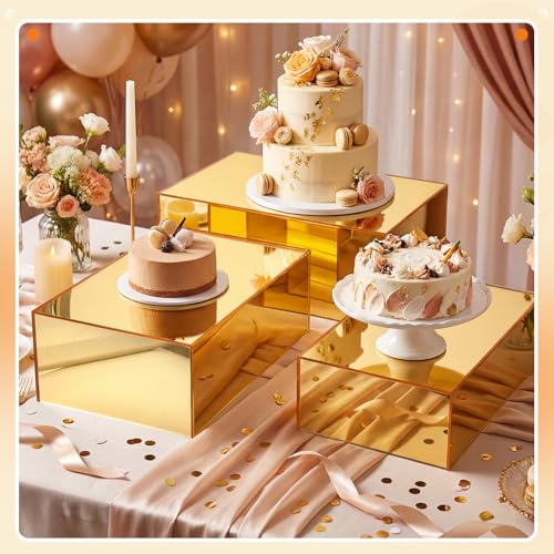 3 Pack Extra Large Acrylic Risers - 15”, 14”, 13” Gold Display Stands with Hollow Bottoms, Cube Buffet Riser Boxes Nesting for Dessert Food Catering Buffet Display Party Supplies - color: Gold, size: 15”,14”,13”