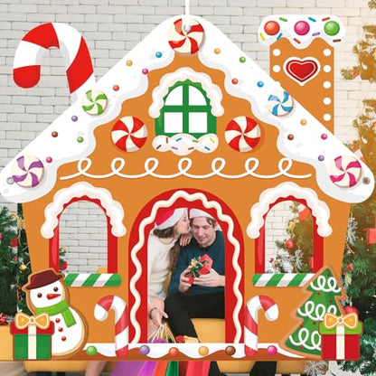 WovWeave Large Christmas Party Decorations Christmas Gingerbread House Photo Booth Props Selfie Frame Fabric Backdrop Xmas Tree Snowman Candy Background for Xmas Winter Holiday Decor 71 x 65 Inch - style: Gingerbread House