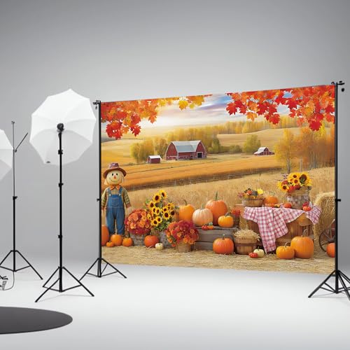 Fall Photography Backdrop 7x5ft, Autumn Maple Leaves Photo Background, Pumpkins Background for Thanksgiving Party, Farm Harvest Photo Booth Props - color: Autumn Backdrop-2, size: 7×5ft
