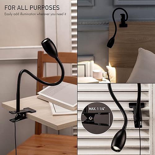 O'Bright Lumos - Versatile Clip-on Lamp: Zoomable Spotlight, Dimmable LED, Flexible Gooseneck, 4000K Light, 100% Metal Clamp - Ideal for Reading, Crafting, Work, and Headboards, Black - color: Black