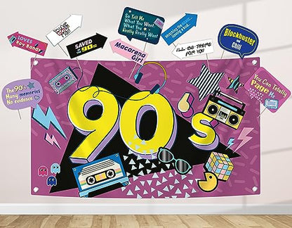 90s Party Decoration Kit - Includes Photography Backdrop & 10 Studio Selfie Photo Booth Props with Sticks - 90's Retro Style Hip Hop Theme Studio Background Banner Supplies - size: 90s