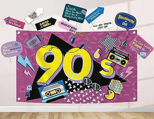 90s Party Decoration Kit - Includes Photography Backdrop & 10 Studio Selfie Photo Booth Props with Sticks - 90's Retro Style Hip Hop Theme Studio Background Banner Supplies - size: 90s