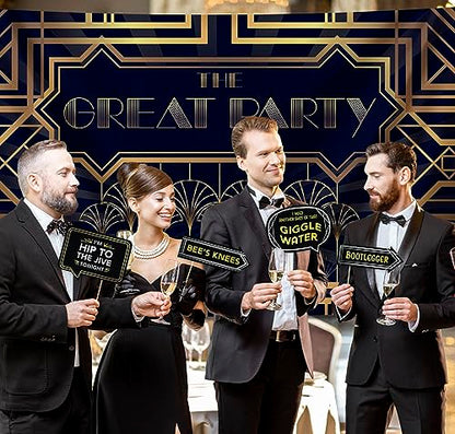 Roaring 20s Great Gatsby Decoration Kit - Includes Photography Backdrop & 10 Studio Selfie Photo Booth Props with Sticks - 1920's Twenties Theme Studio Background Banner Supplies - size: 20s Gatsby
