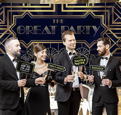 Roaring 20s Great Gatsby Decoration Kit - Includes Photography Backdrop & 10 Studio Selfie Photo Booth Props with Sticks - 1920's Twenties Theme Studio Background Banner Supplies - size: 20s Gatsby