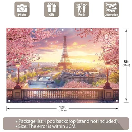 12x8ft Fabric Eiffel Tower Backdrop Paris Landscape Floral Lake Bridge Photography Background Wedding Girls Birthday Party Decorations Photo Booth Props - size: 12'x8'
