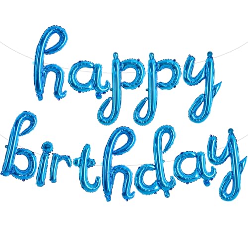 TONIFUL Happy Birthday Balloons Banner, Cursive Balloons, Blue Mylar Foil Birthday Decorations for Kids and Adults - color: Blue