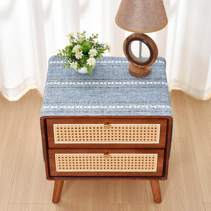 NEWISHER Rustic Farmhouse Embroidered Small Rectangle Tablecloth, Jacquard Striped Table Cloth Washable Fabric Dining Table Cover for Nightstand, Bedside Table, End Table (15x35 Inch), Blue and Grey - color: Blue and Grey, size: 35" x 15" (Rectangular)