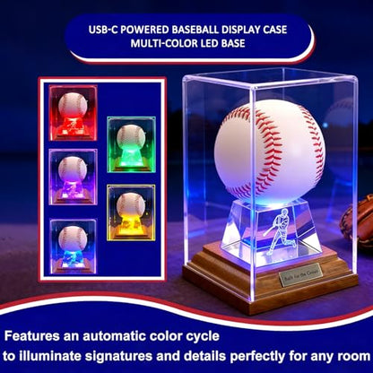 Baseball Display Case, Baseball Display Stand with LED Lights , Wooden Stand and a Bronze Medal,Cube Baseball Holder Display case, Acrylic Clear Ball Protector for Memorabilia Baseball Gifts