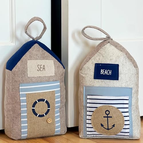 Coastal Cabana Soft Door Stops, Jute, Cotton, Loop Tops, Weighted, 11.75 Inches, House Shaped with Anchor and Lifesaver Fabric Embellishments - color: Coastal Cabana Soft Door Stops, Blue and Beige