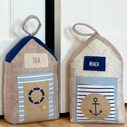 Coastal Cabana Soft Door Stops, Jute, Cotton, Loop Tops, Weighted, 11.75 Inches, House Shaped with Anchor and Lifesaver Fabric Embellishments - color: Coastal Cabana Soft Door Stops, Blue and Beige
