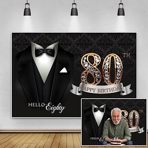 5x3ft Men 80th Birthday Background for Photography Black Necktie Suit Tuxedo Hello Eighty Backdrop Banner Luxury Diamonds Gold 80th Happy Birthday Party Supplies Portrait Photoshoot Props - color: black gold 80, size: 5x3ft
