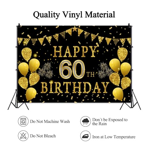 8x6ft Happy 60th Birthday Party Photography Backdrop, Glitter Black and Gold Balloons Background for Woman Man Fabulous 60 Bday Shining Diamond Sixty Years Old Birthday Party Supplies - color: 60th, size: 8x6ft
