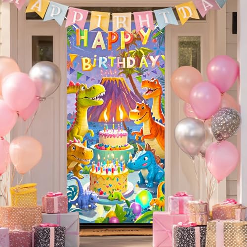 HOMETITUTE Dinosaur Birthday Door Cover 71x35 Inch Colorful Volcano Theme Birthday Banner for Kids Party Decorations Photo Backdrop Sign for Boys Girls Wall Party Supplies - color: Dinosaur Birthday