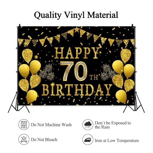 5x3ft Happy 70th Birthday Party Photography Backdrop, Glitter Black and Gold Balloons Background for Woman Man Fabulous 70 Bday Shining Diamond Seventy Years Old Birthday Party Supplies - color: 70th, size: 5x3ft