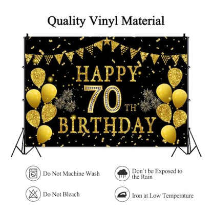 5x3ft Happy 70th Birthday Party Photography Backdrop, Glitter Black and Gold Balloons Background for Woman Man Fabulous 70 Bday Shining Diamond Seventy Years Old Birthday Party Supplies - color: 70th, size: 5x3ft
