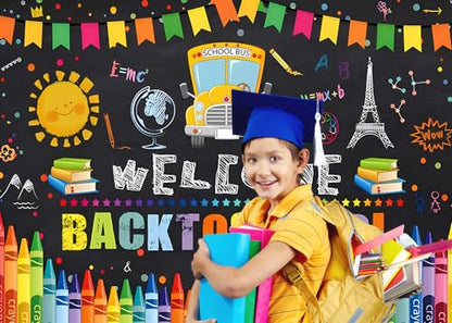 Welcome Back to School Backdrop 7x5ft Cartoon School Bus Photo Background for Photoshoot Fabric Photography Backdrop Online Teaching Background Teachers Students Photocall Backdrop - color: School Bus, size: 7x5ft