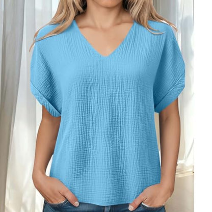 Womens Shirts Cotton Linen v Neck Short Sleeve Blouses Casual Loose Fit Textured Summer Pullovers Daily Wear - color: A01-light Blue, size: Large
