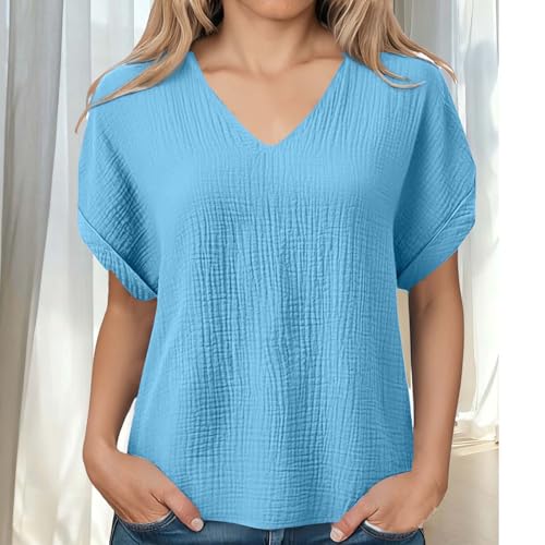 Womens Shirts Cotton Linen v Neck Short Sleeve Blouses Casual Loose Fit Textured Summer Pullovers Daily Wear - color: A01-light Blue, size: Small