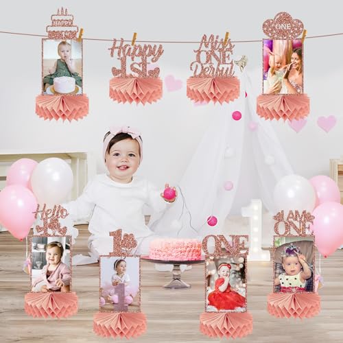 Guiruiy 8Pcs 1st Birthday Decorations Honeycomb Centerpieces for Girls, Pink Rose Gold Glitter First Birthday Photo Table Centerpieces Party Supplies, Pink Sweet One Bday Photo Table Topper - style: Rose Gold 1st