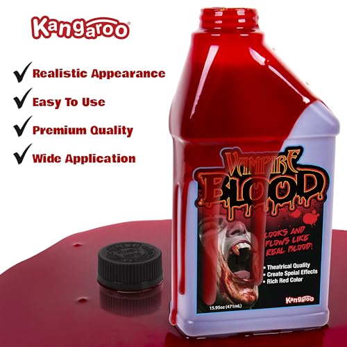 Kangaroo Halloween Fake Blood for Clothes - Liquid Washable Fake Red Fluid for Zombie Vampire Costumes Accessories Cosplay Adults and Kids Theatrical Fake Blood – Safe, Non-Toxic Halloween Makeup Prop
