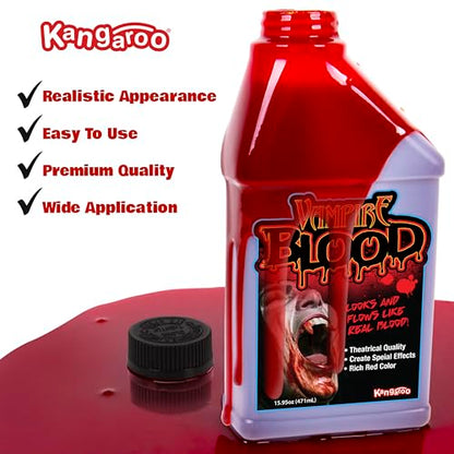 Kangaroo Halloween Fake Blood for Clothes - Liquid Washable Fake Red Fluid for Zombie Vampire Costumes Accessories Cosplay Adults and Kids Theatrical Fake Blood – Safe, Non-Toxic Halloween Makeup Prop