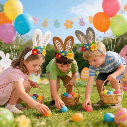 3 Pack Luxurious Easter Bunny Ears Headband Cute Plush Rabbit Ears for Kids Adult Cosplay Birthday Party Supplies - color: 3pcs Headband With Flowers-2