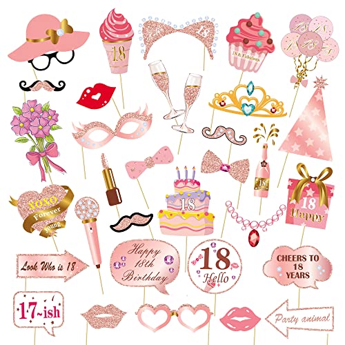 Birthday Decorations, Tumwisk 33PCS 18th Birthday Decorations for Girls, Rose Gold Happy 18th Photo Booth Props Glitter Girl Party Selfie Props (18th) - color: 18th