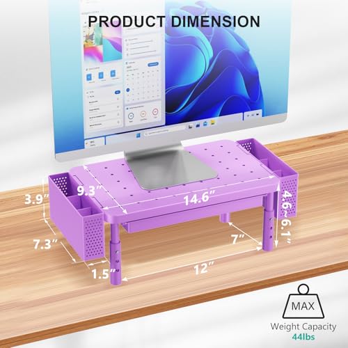 WALI Computer Monitor Stand with Storage, Desk Organizer with Drawer and Pen Holder, Desk Monitor Riser 3 Height Adjustable, Laptop Riser for Laptop, Printer (PTT003-V), 1 Pack, Violet - color: Violet, size: 14.6" * 9.3" with Drawer and Pen Holder