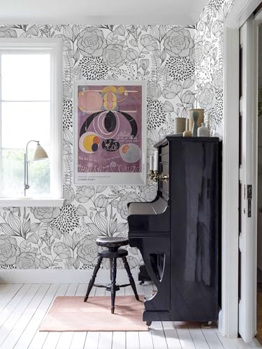 Wudnaye Black and White Floral Wallpaper Peel and Stick Floral Contact Paper 17in×118.1in Flower Black White Self Adhesive Wall Paper for Bathroom Waterproof Removable Wallpapers Cabinets Decorative - color: Dark Gray, size: 17" x 118"