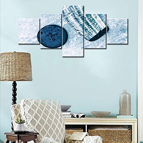 Light Blue Ice Background Wall Pictures for Living Room Hockey Stick and Puck Close-up Painting on Canvas HD Prints Framed Wall Art Modern House Decoration Atwork Stretched Ready to Hang (50''Wx24''H) - color: Artwork-32, size: 50''W x 24''H