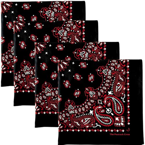 The Peacock Crew Premium Soft Cotton Bandanas Pack for Men and Women Paisley 22 x 22 inches - color: Pack of 4 Black Gothic
