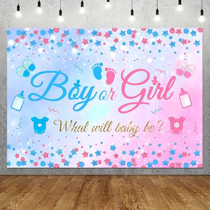 5x3 FT Gender Reveal Boy Or Girl Photo Backdrop He Or She What Will Baby Be Blue Pink Footprints Glitter Dots Star Party Decorations Photography Background Polyester - size: 5x3 FT