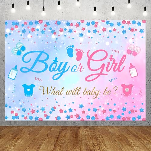 10x8 FT Gender Reveal Boy Or Girl Photo Backdrop He Or She What Will Baby Be Blue Pink Footprints Glitter Dots Star Party Decorations Photography Background Polyester - size: 10x8 FT