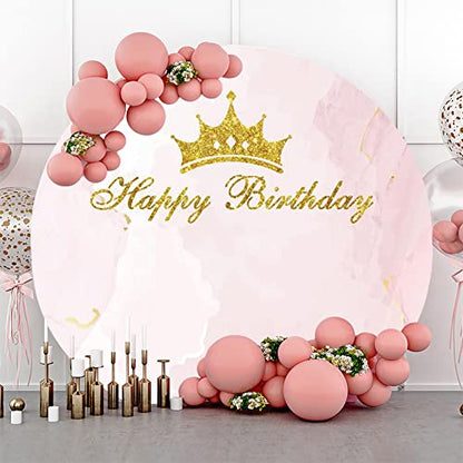 Leyiyi 7.2x7.2ft Happy Birthday Round Backdrop Cover Pink Marble Glitter Gold Princess Crown Photography Background for Baby Girl Newborn Kids Birthday Party Decoration Studio Props Photo Booth Props - size: 7.2x7.2ft-Diameter