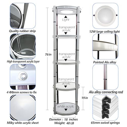 Foldable Display Case,Portable Display Cabinet,Retail Display Racks,Storage Showcase Cabinets Luminescent with LED-Light for Tradeshow Display,Tradeshow Booths ,White Round 4-Shelves 18x76inch - size: 18x76"