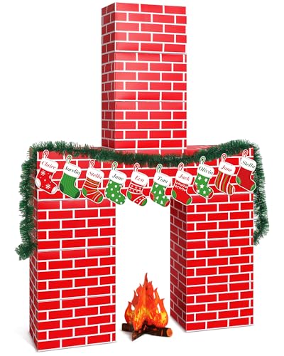 Fullhawl 34 Pcs 3D Christmas Cardboard Fireplace 39 x 59 Inch DIY Christmas Artificial Fireplace with Stocking 3D Fire Flame Prop Pine Garland Fake Fire Place Backdrop for Xmas Decor(Red Brick) - color: Red Brick